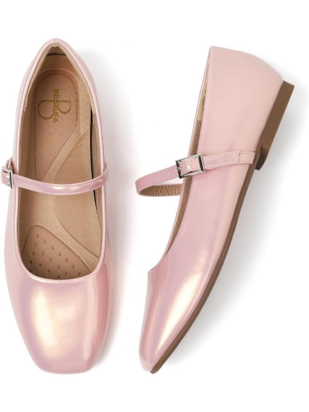 Women's Patent Pink Square Toe Mary Jane Flat Strap Comfort Leather Ballet Shoes